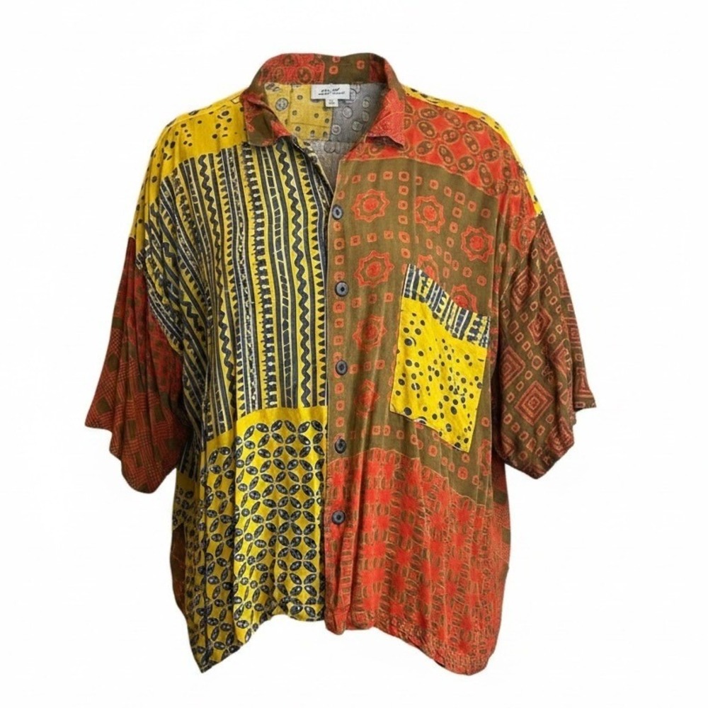 We Be Bop Womens 1X Patchwork Batik Print Rayon Button Front Shirt #105Q